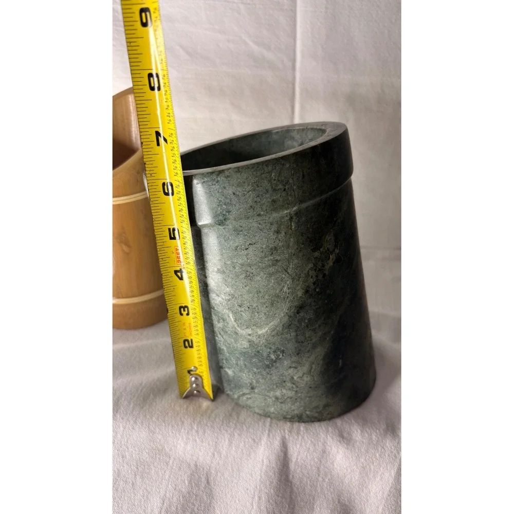 Bamboo Slanted Brush Holder and Green Stone Marble Cylinder Desk Organizer Set